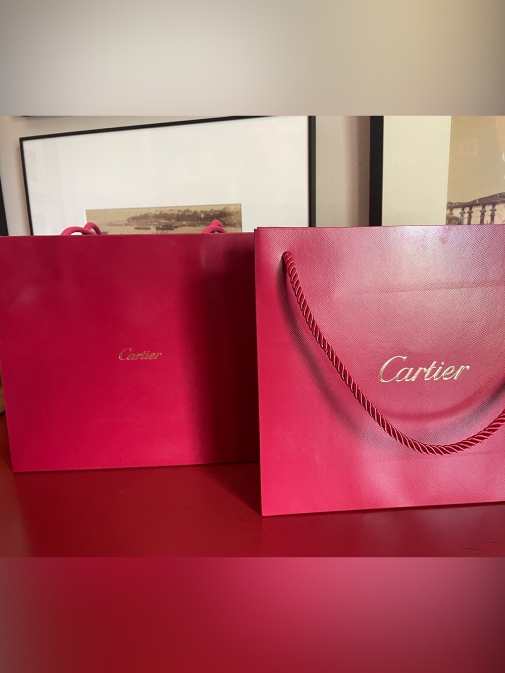 Authentic Cartier Burgundy Luxury Tote Gift Bags (Pair)